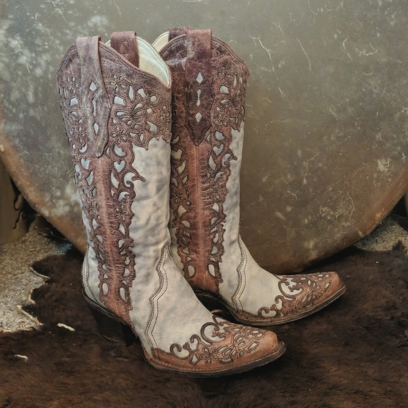 CORRAL A2665 cognac leather lace look overlay cowgirl western boots snip toe 6.5 - Picture 9 of 16